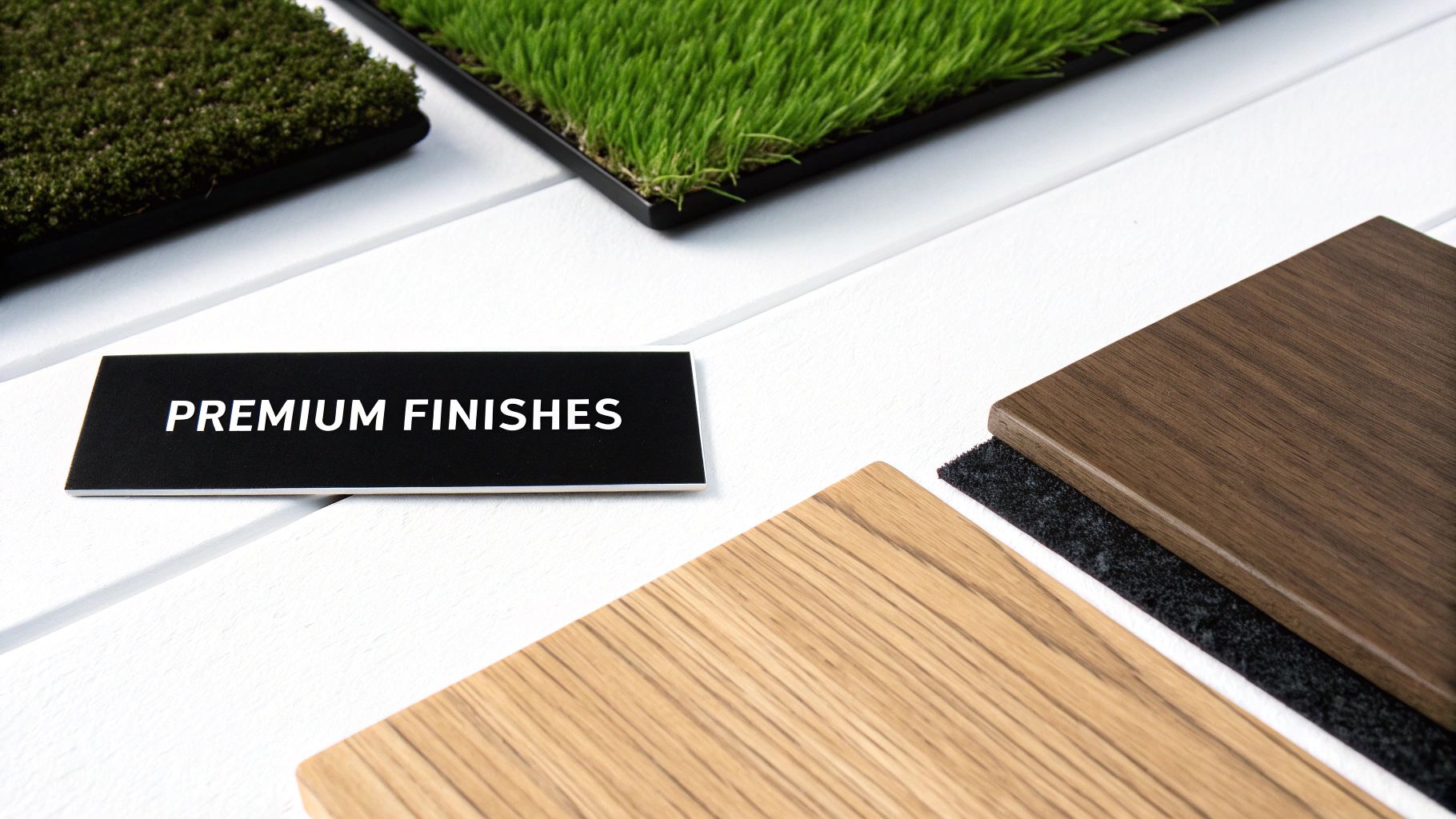 Basement Finishing Cost Calculator: A Guide to Luxury Renovations in Middle Tennessee Collection of interior design finish samples like wood, artificial grass, and fabric, with a premium label.