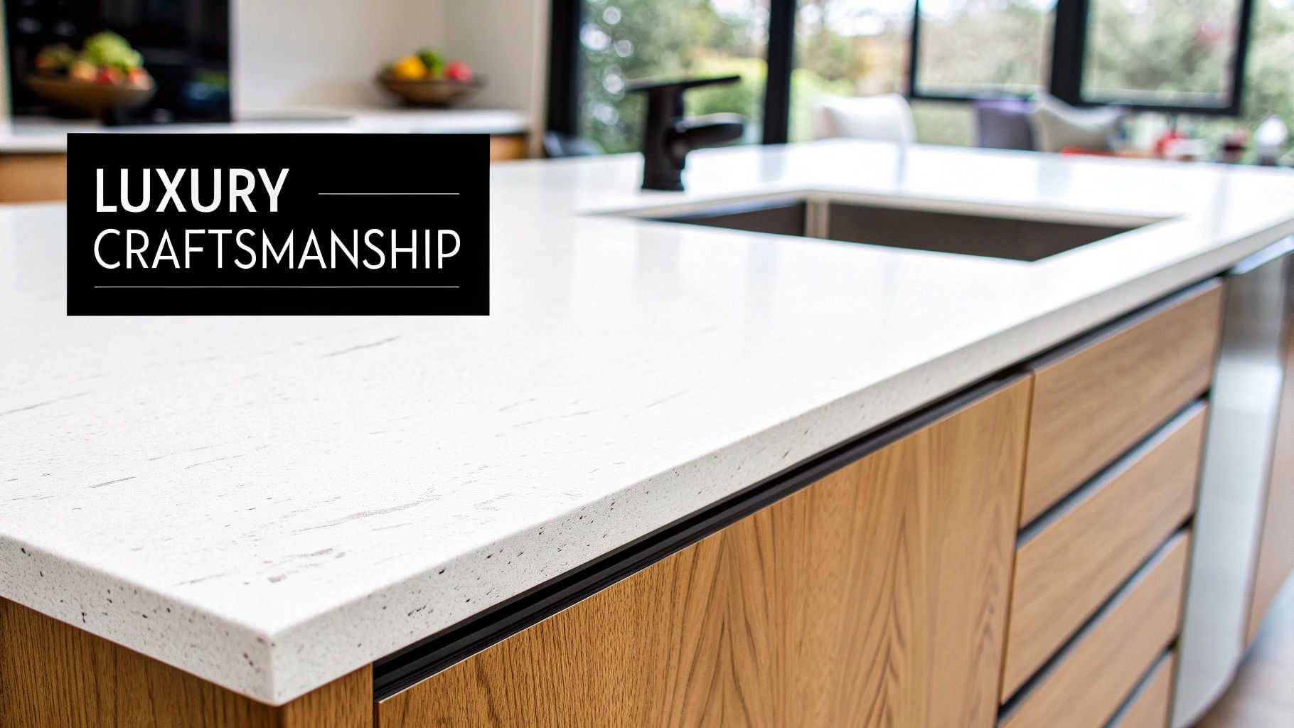 Design Build Contractor Nashville: Crafting Luxury Homes with Seamless Execution A sleek modern kitchen island with white marble-effect countertop and wooden cabinets, featuring a black sink and 'Luxury Craftsmanship' overlay.