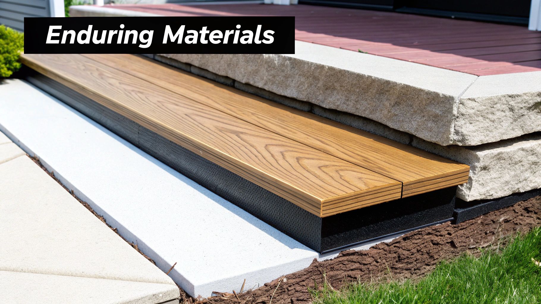 A detailed shot of premium porch materials, including rich wood decking and elegant stone columns, on a luxury home.