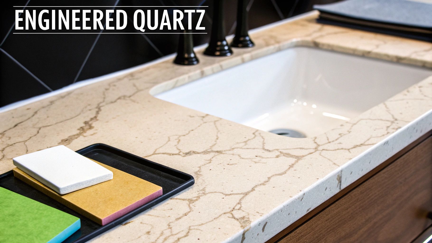 Close-up of a light-colored engineered quartz countertop with an undermount sink, faucet, and material samples.