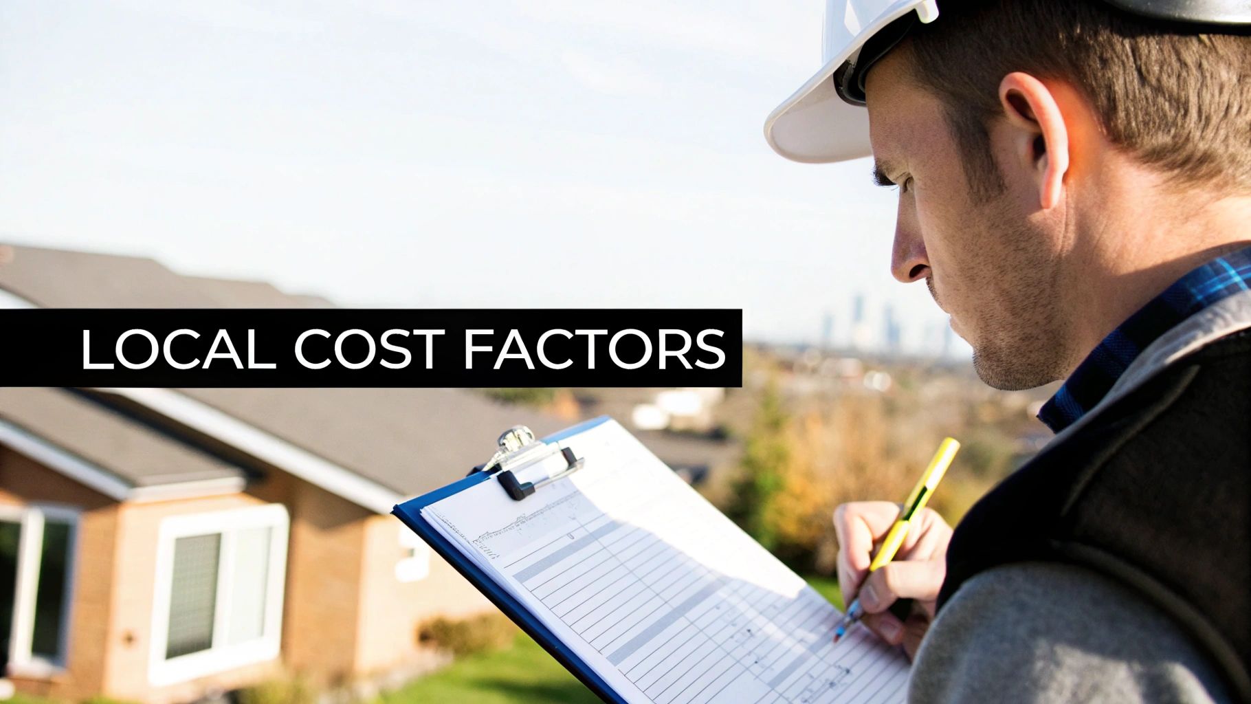 Basement Finishing Cost Calculator: A Guide to Luxury Renovations in Middle Tennessee A construction worker in a hard hat meticulously takes notes on a clipboard, overlooking a house.