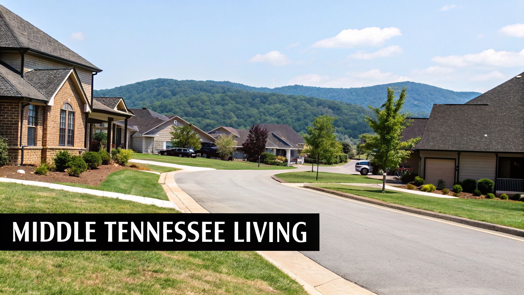 Suburban homes line a street with lush green mountains under a bright blue sky in Middle Tennessee.