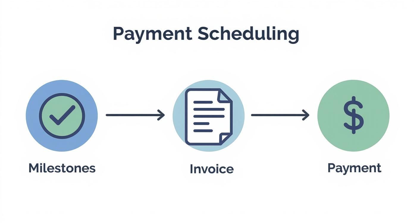 Residential Construction Contract Template: Bulletproof Infographic showing the process of payment scheduling with icons for milestones, invoices, and payments.