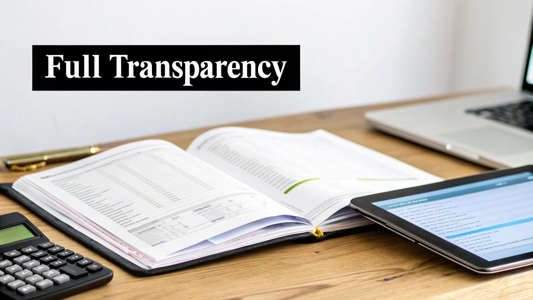 What is a Cost Plus Contract: A Luxury Home Builder's Guide A desk with an open financial report, calculator, pen, tablet, and laptop, symbolizing full transparency.