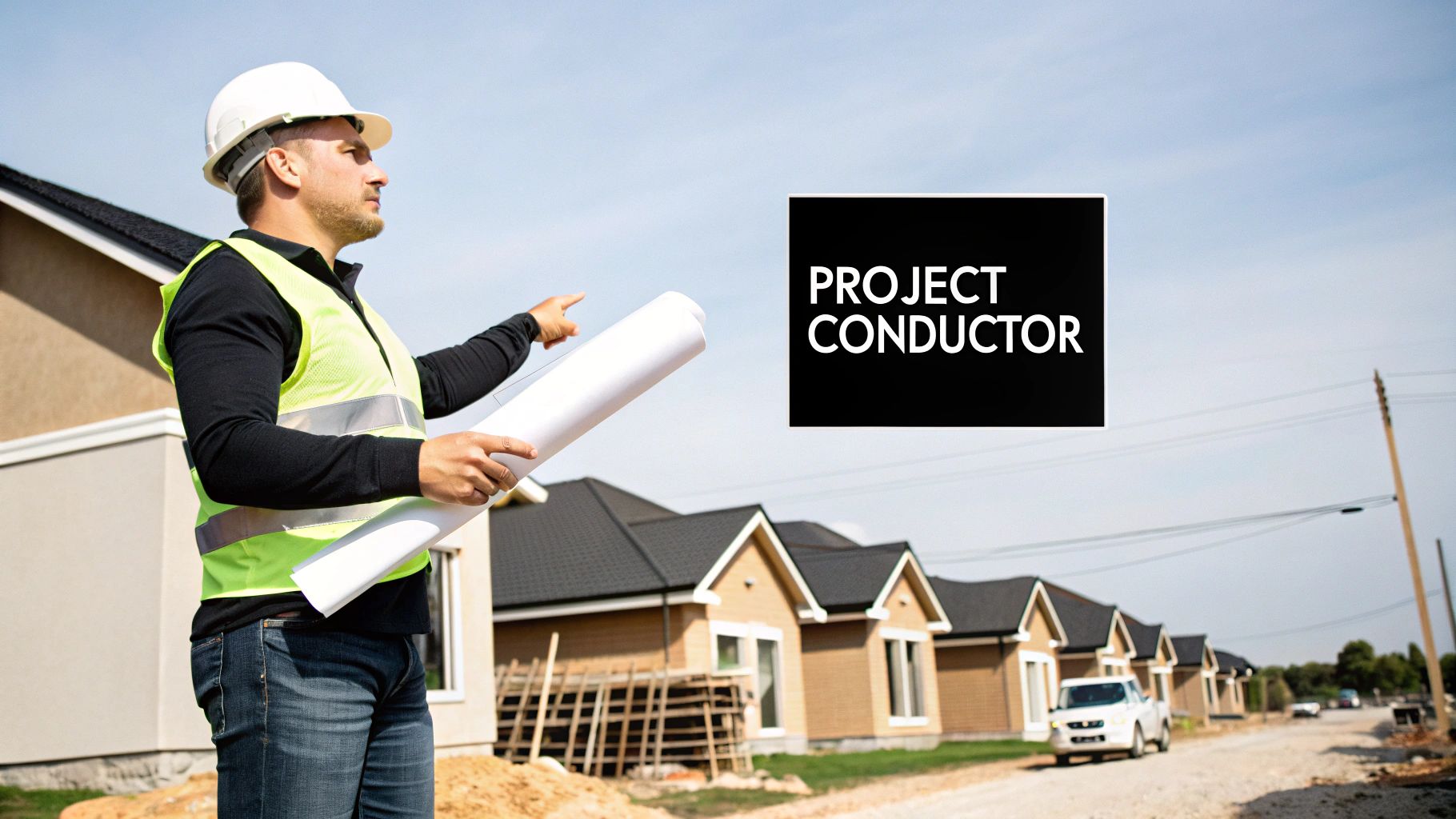 A general contractor reviewing blueprints on a construction site