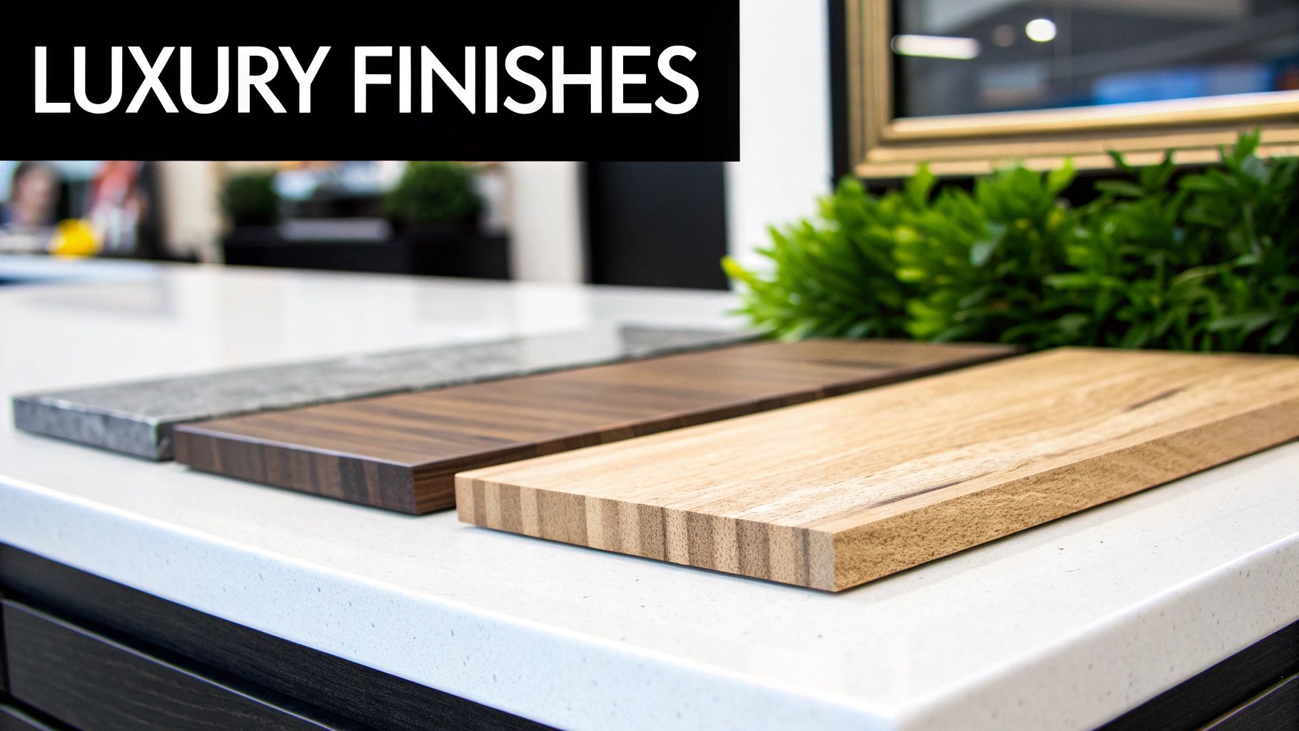 Various luxury finish samples, including stone and two types of wood, on a white countertop.