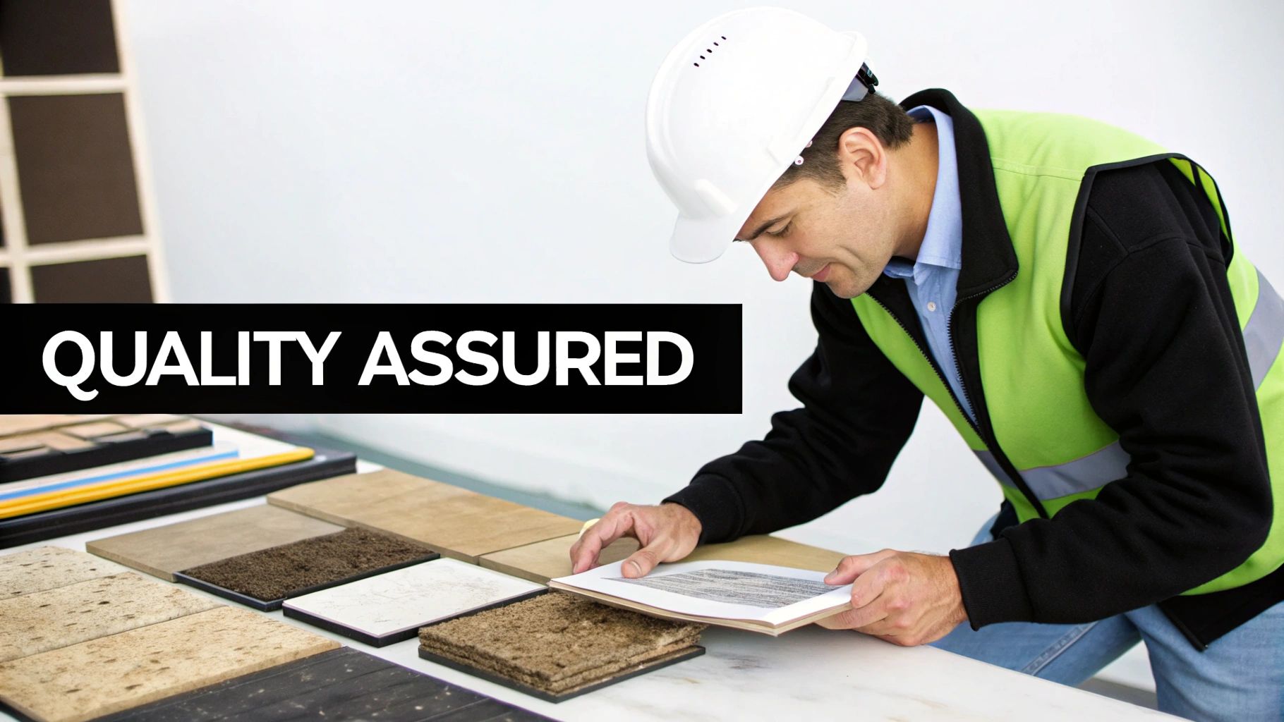 A man in a hard hat and high-vis vest inspects construction material samples and documents, with 'QUALITY ASSURED' text.