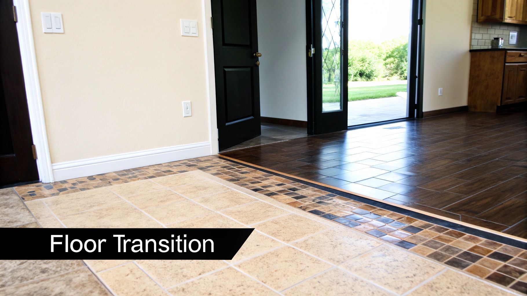 10 Luxury Open Floor Plan Design Ideas for Your Middle Tennessee Home A floor transition from light square tiles with a mosaic border to dark wood-look tiles.