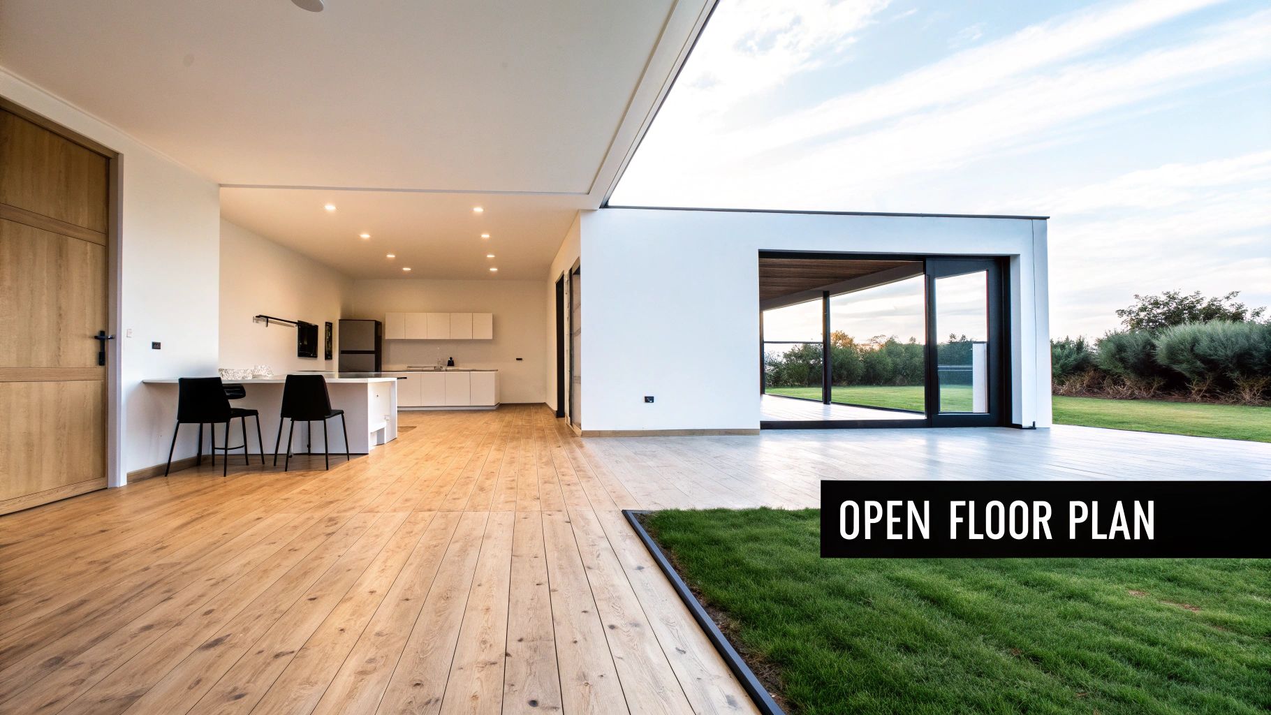 10 Strategic Ways to Save Money Building a House in Middle Tennessee Modern open floor plan home with hardwood flooring and sliding glass doors to outdoor space