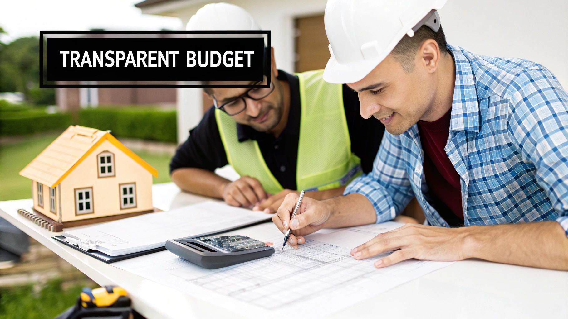 Two construction workers reviewing blueprints and calculations with a house model, emphasizing a transparent budget.