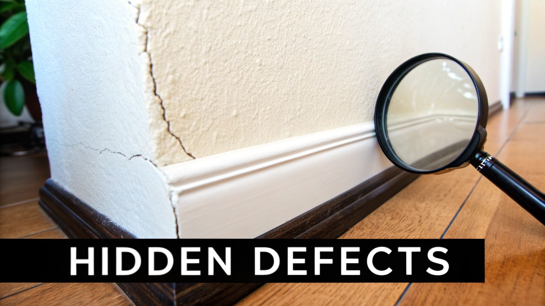 A magnifying glass on a wooden floor points to cracks in a white wall with baseboards, showing hidden defects.