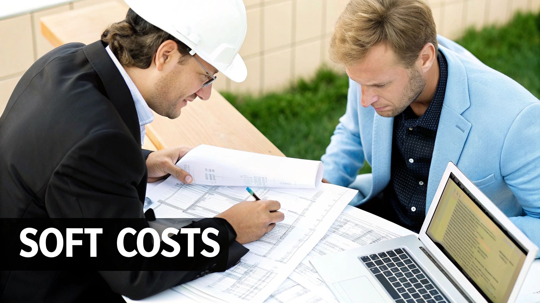 Two men, one in a hard hat, discuss blueprints and documents on a table with a laptop.