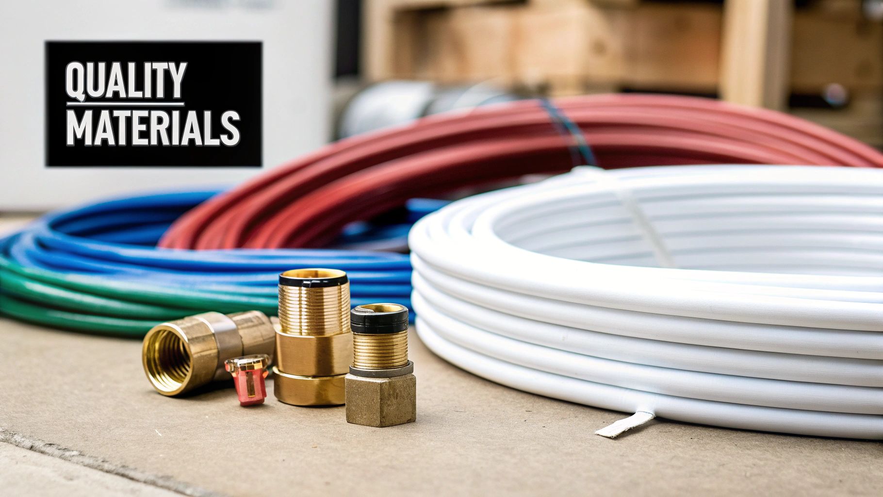 Quality plumbing materials including brass fittings and colorful PEX tubing coiled on concrete surface