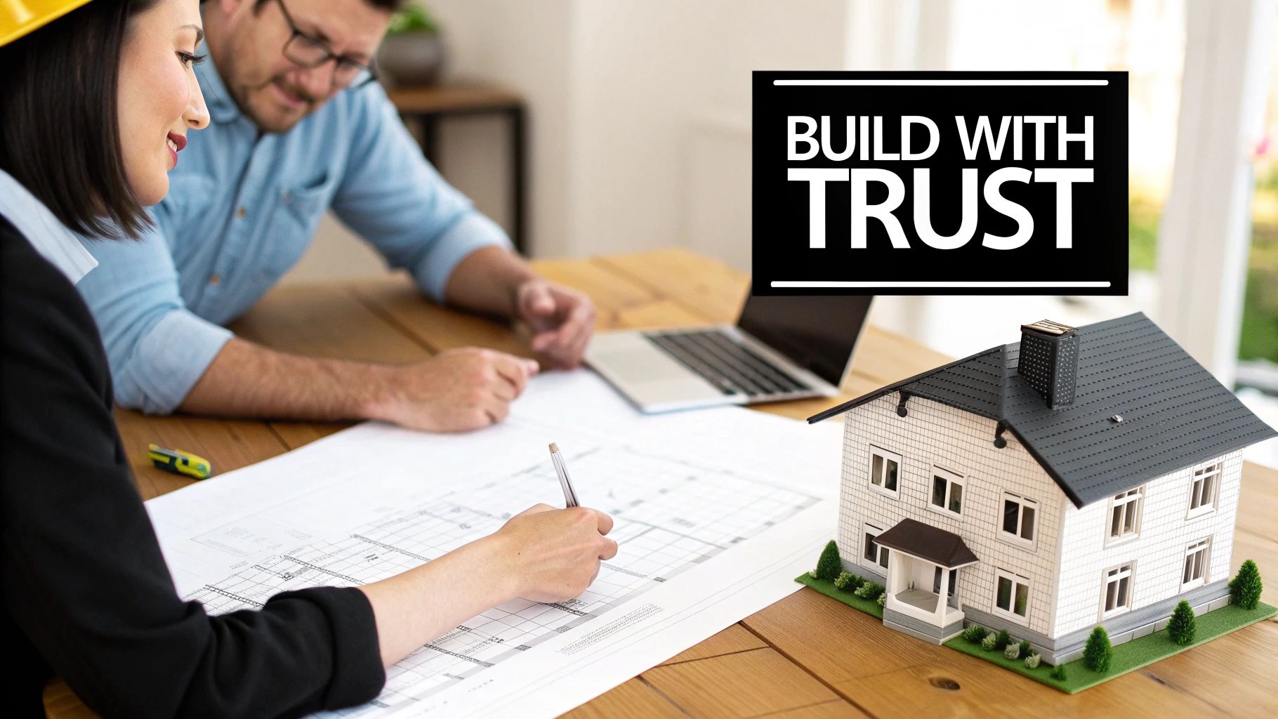 Two construction professionals review blueprints and a house model, with 'BUILD WITH TRUST' overlay.