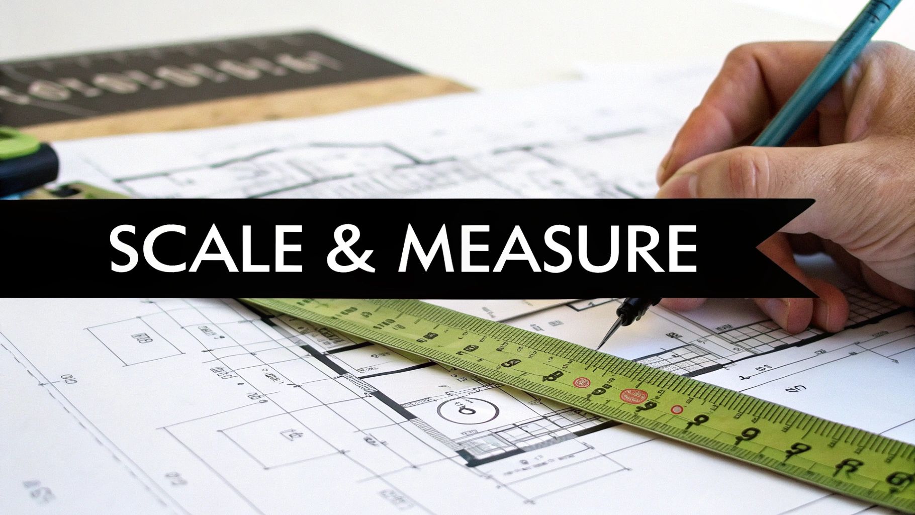 Architect's scale ruler resting on a blueprint, showing precise measurements.
