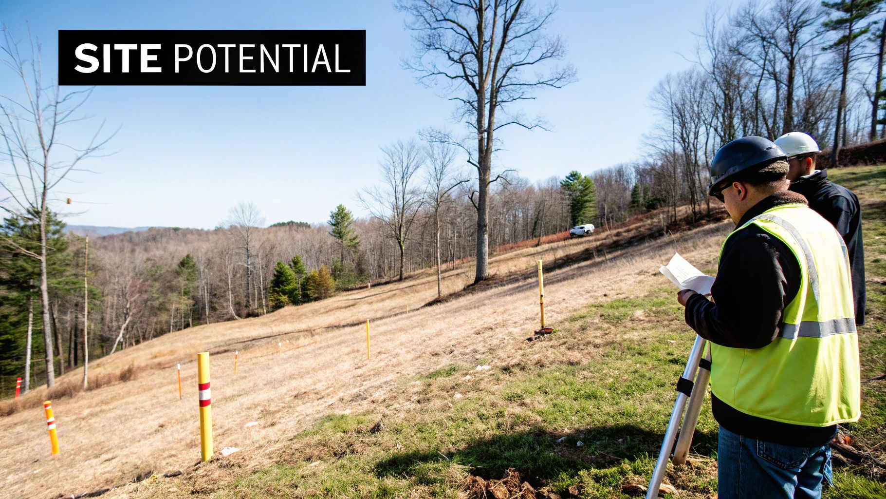 Two men in hard hats and a high-vis vest surveying a sloped site with marker poles and trees under a clear sky.