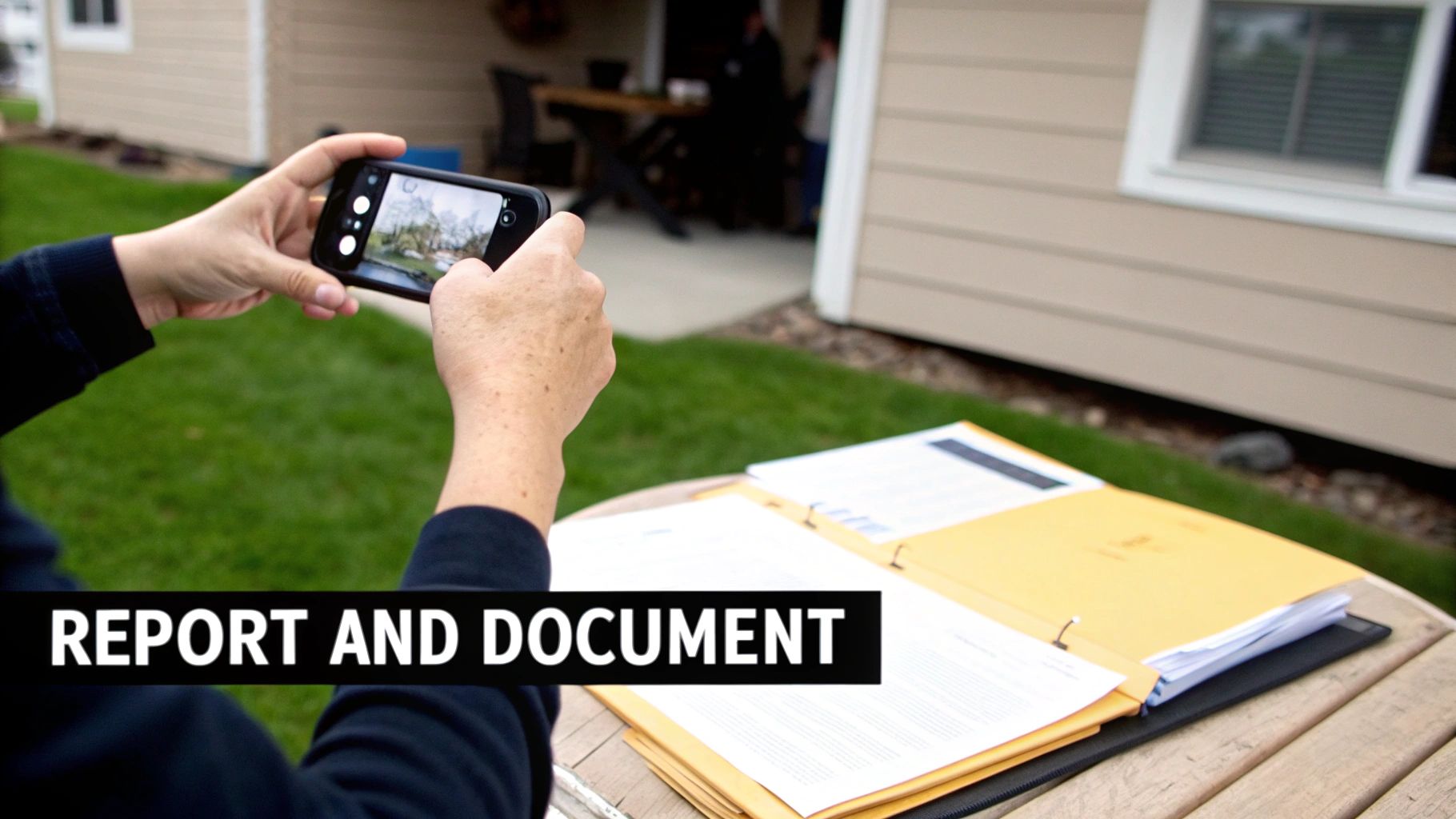 Person using a smartphone to photograph an outdoor scene with legal documents and folders on a table.