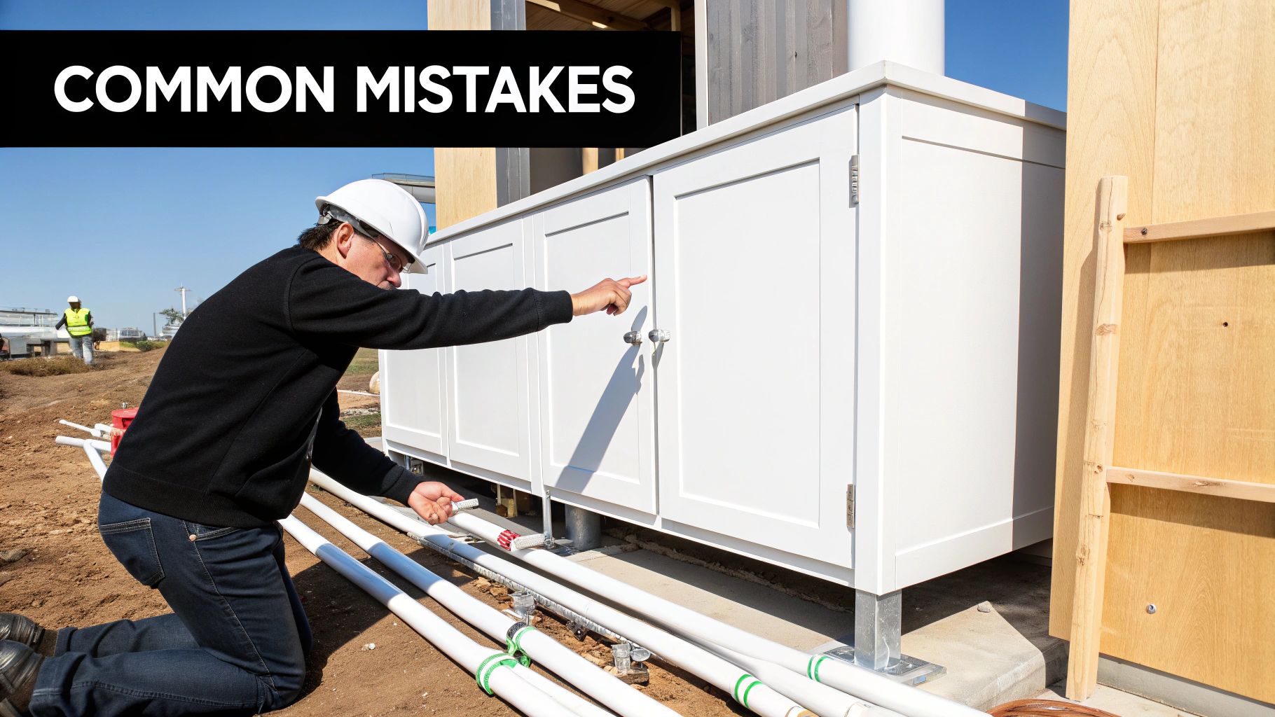 Construction inspector examining white cabinet installation over exposed plumbing pipes at building site