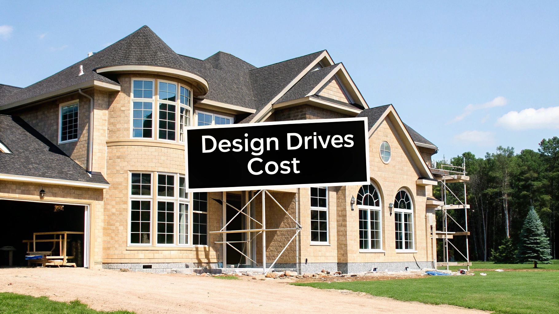Large luxury custom home under construction with turret and complex roofline design features