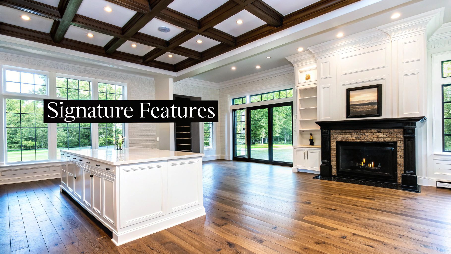 Luxurious open-concept living space with a white kitchen island, coffered ceiling, large windows, and an elegant fireplace.