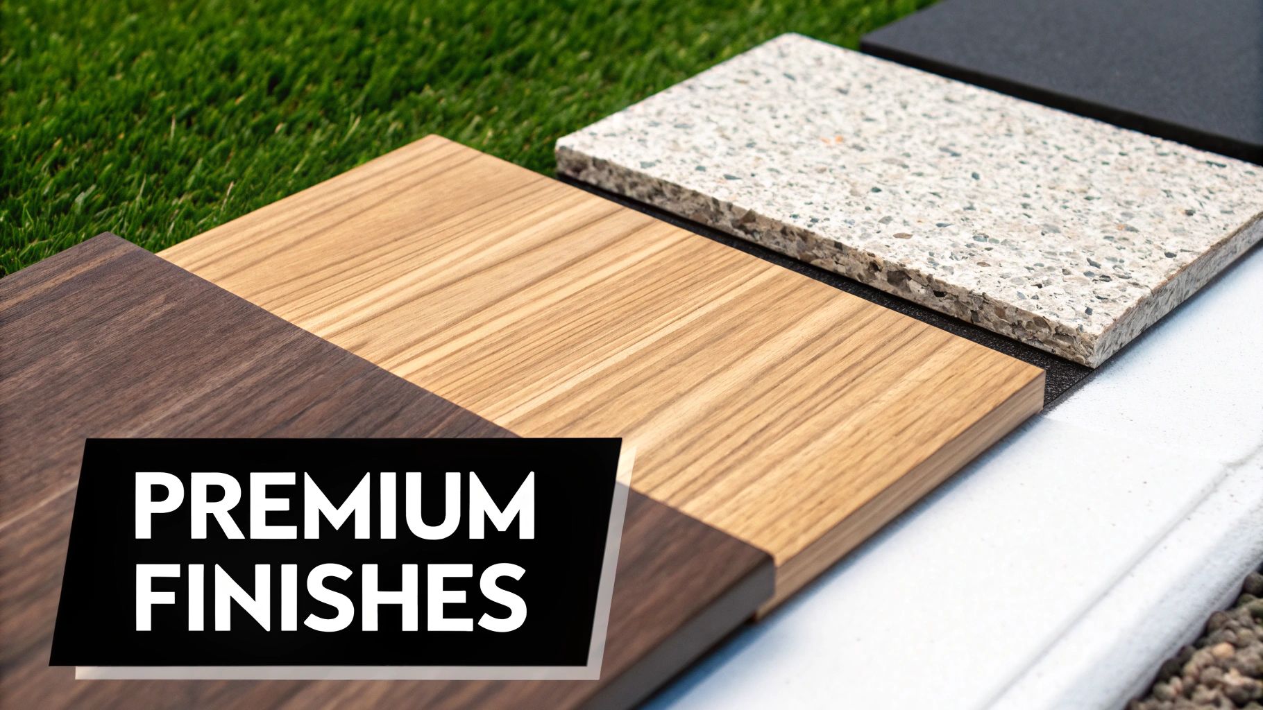 Close-up of various premium material finishes, including different wood tones and a speckled stone tile.