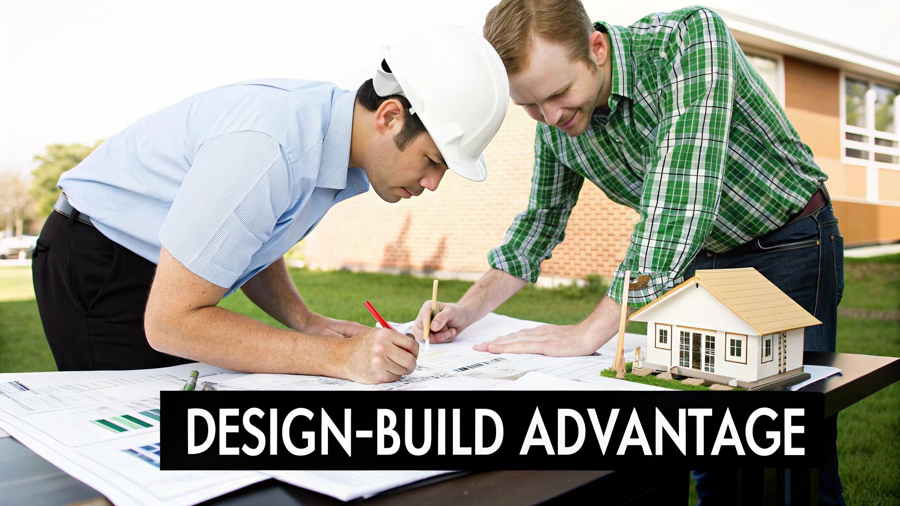 Two construction professionals reviewing architectural blueprints and a miniature house model outdoors.