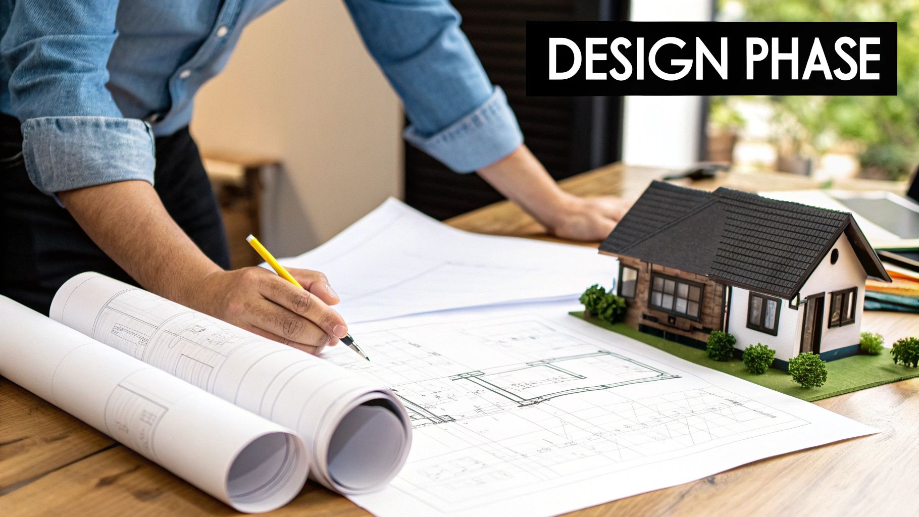 Architectural blueprints and design tools laid out on a table