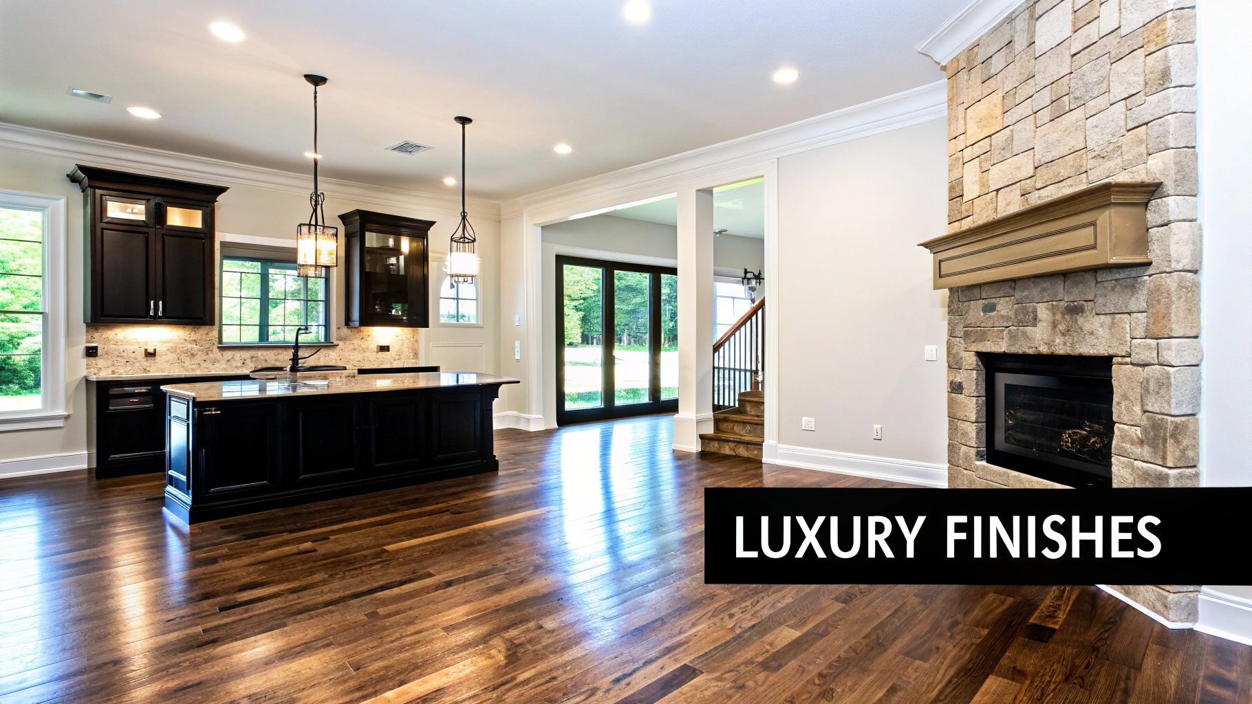 A Comprehensive Guide to High-End Home Finishes in Nashville A new luxury home interior with an open kitchen, dark cabinets, stone fireplace, and polished hardwood floors.