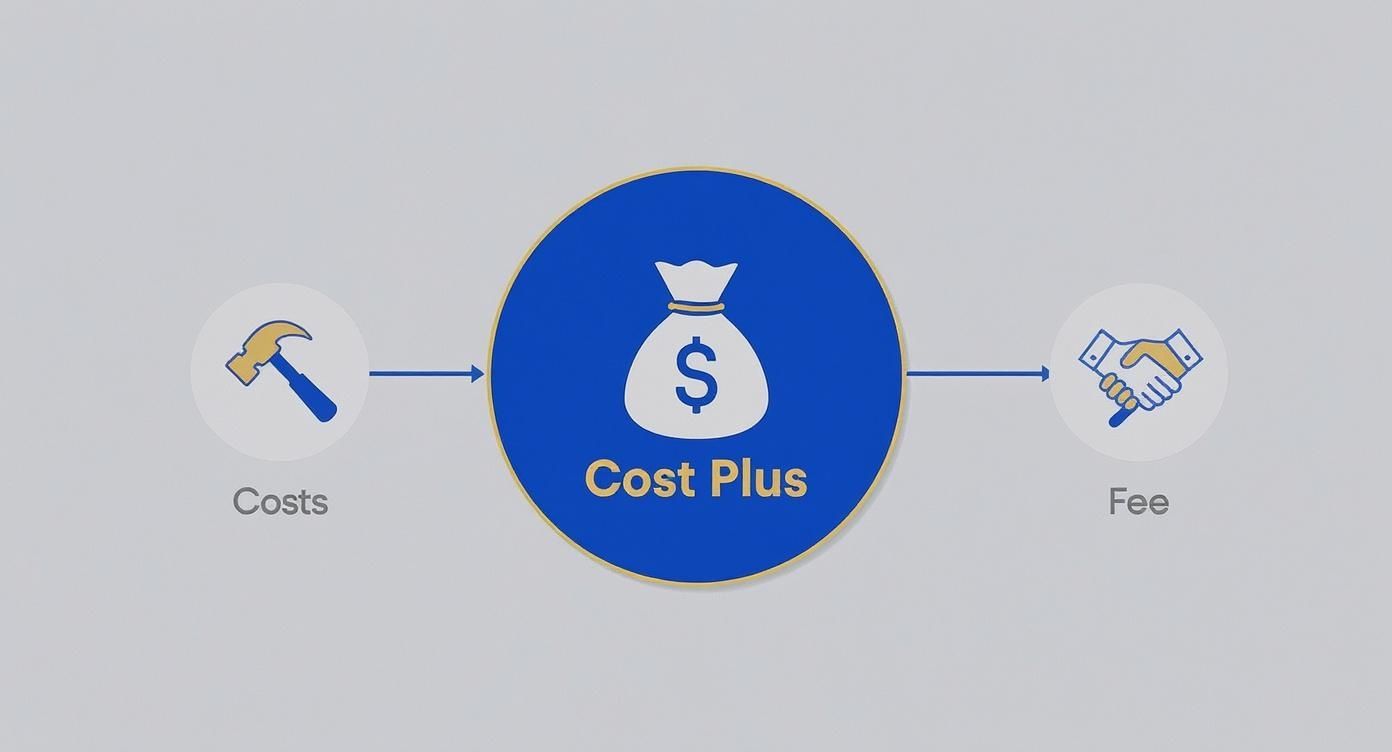 What is a Cost Plus Contract: A Luxury Home Builder's Guide A diagram explaining the cost plus contract model with icons for costs, cost plus, and fee.