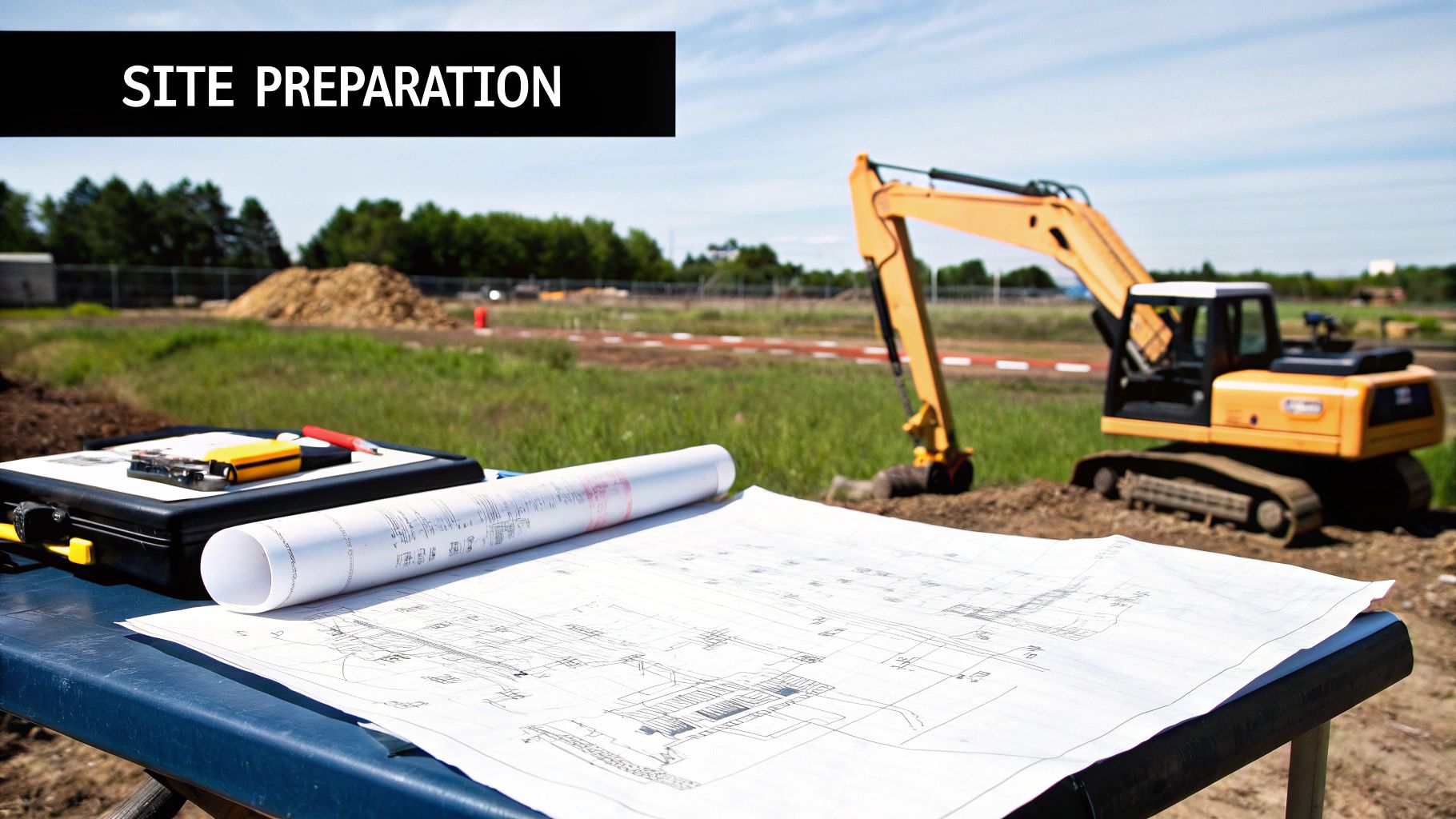 Construction site preparation scene featuring an excavator, blueprints, and tools on a table.