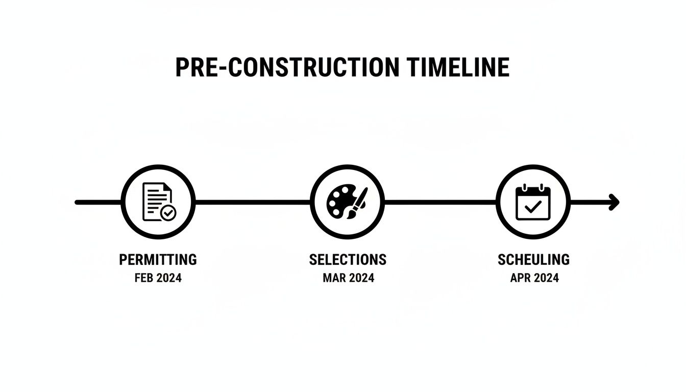 Pre-construction timeline outlining permitting, selections, and scheduling stages for February, March, and April 2024.