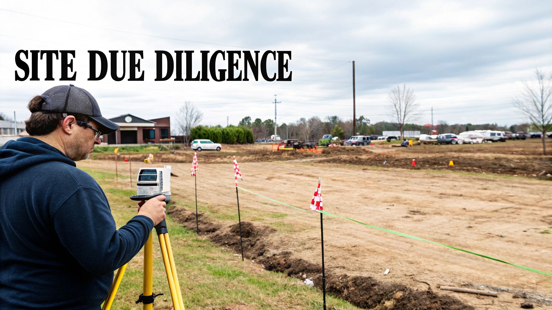 A surveyor performs site due diligence with equipment, marking a future land development area.