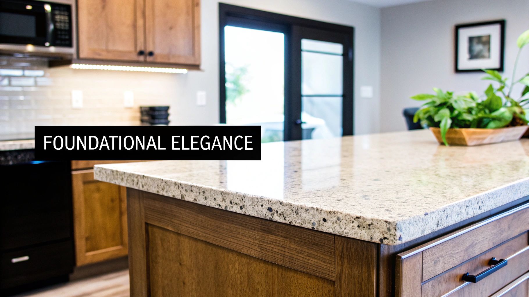 A Comprehensive Guide to High-End Home Finishes in Nashville A modern kitchen island with a granite countertop and wooden base, showcasing high-end finishes.