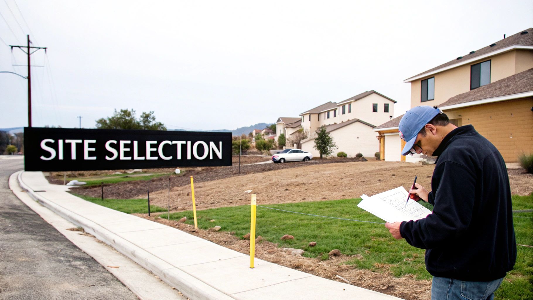 A man in a blue cap inspects blueprints at a new housing development site with a 'SITE SELECTION' sign.