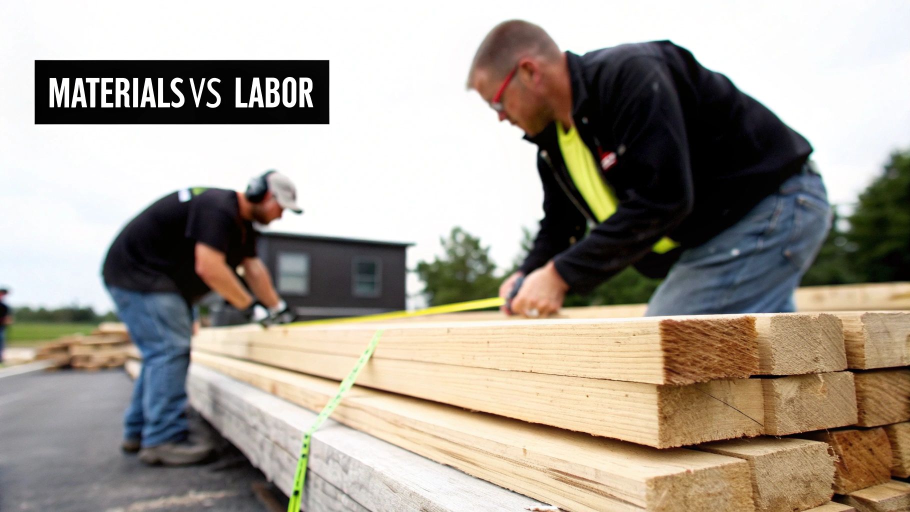 Construction workers measuring and working with lumber materials at job site for house framing project
