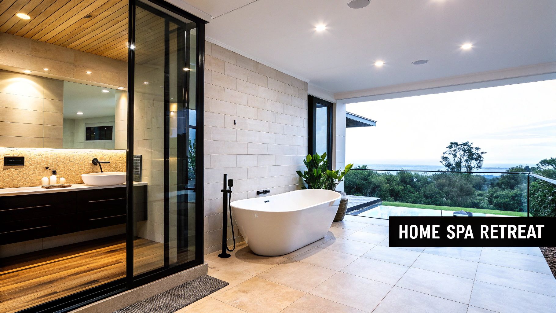 10 Enduring Master Suite Layout Ideas for Your Custom Tennessee Home A luxurious modern bathroom features a freestanding bathtub on a tiled patio, overlooking a scenic ocean view.