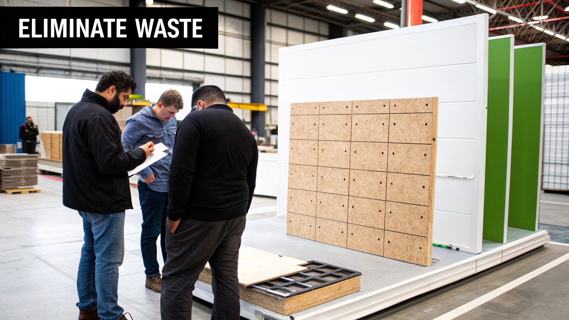 Construction Project Management Best Practices for Luxury Home Builds Three men discussing construction materials and process optimization in a warehouse setting.