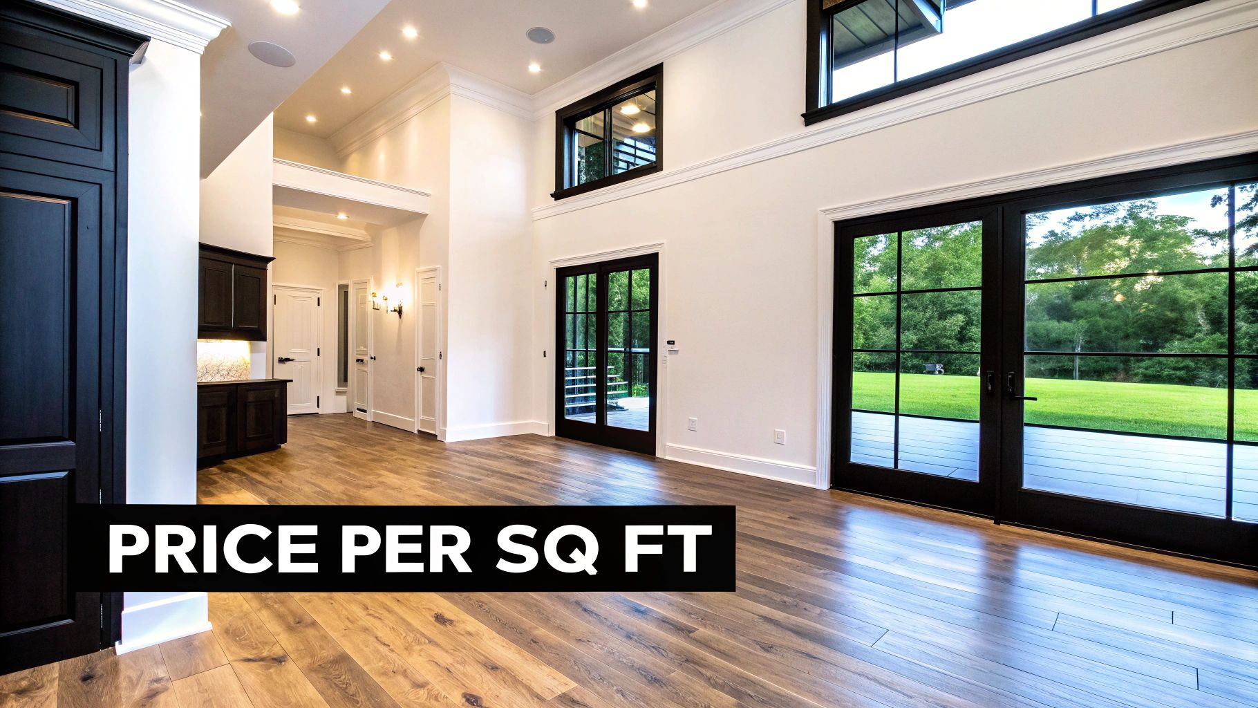 Modern open concept living room with high ceilings, hardwood floors, and black-framed glass doors