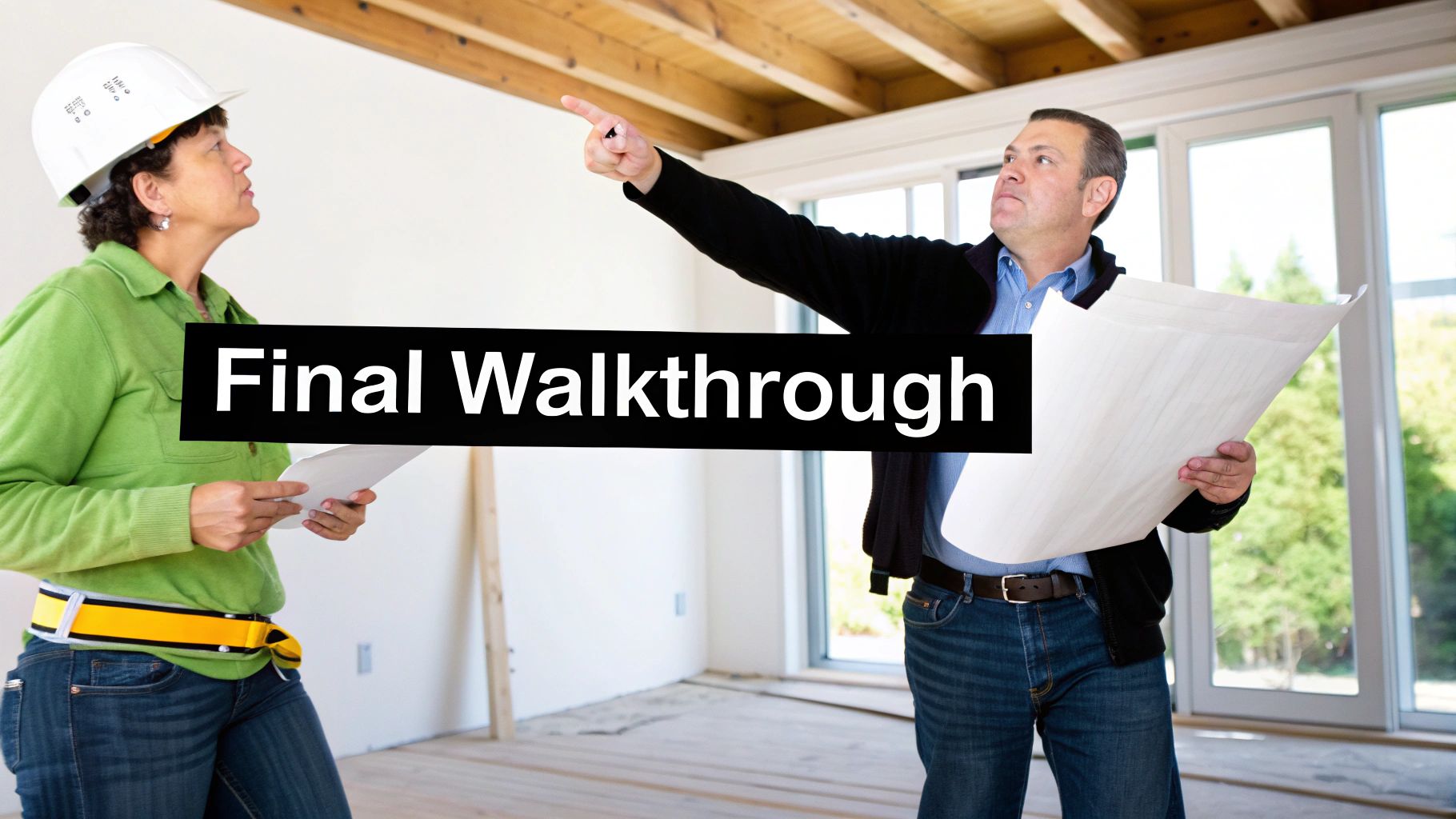 A contractor and client reviewing a punch list on a tablet at a construction site