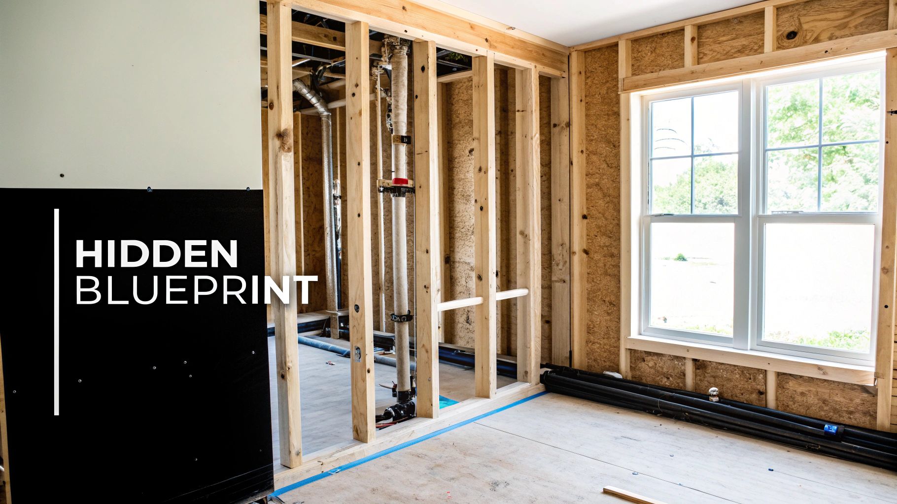 Exposed plumbing pipes and wooden wall framing during rough in construction phase before drywall installation