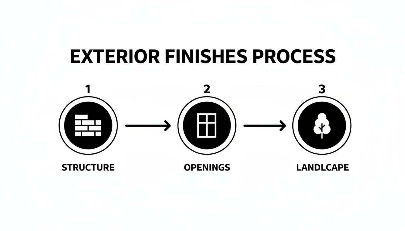 A Comprehensive Guide to High-End Home Finishes in Nashville A three-step diagram outlining the exterior finishes process: Structure, Openings, and Landscape.