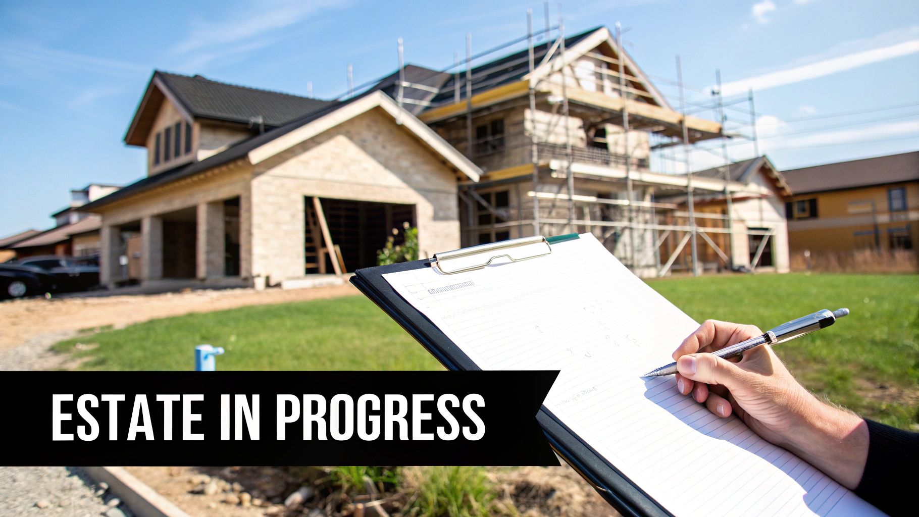 What is a Cost Plus Contract: A Luxury Home Builder's Guide A person writing on a clipboard in front of houses under construction, with text 'ESTATE IN PROGRESS'.