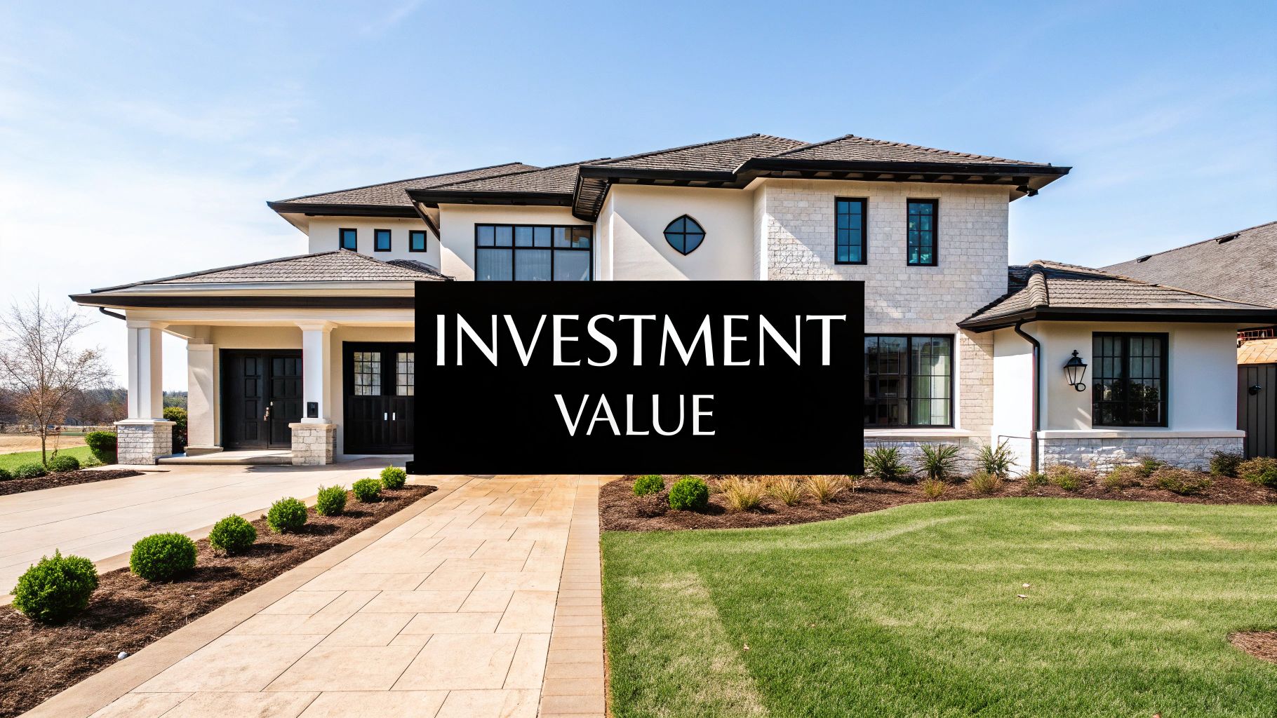 Design Build Contractor Nashville: Crafting Luxury Homes with Seamless Execution A large, modern luxury house with a paved driveway and green lawn under a clear sky, featuring an 'Investment Value' overlay.