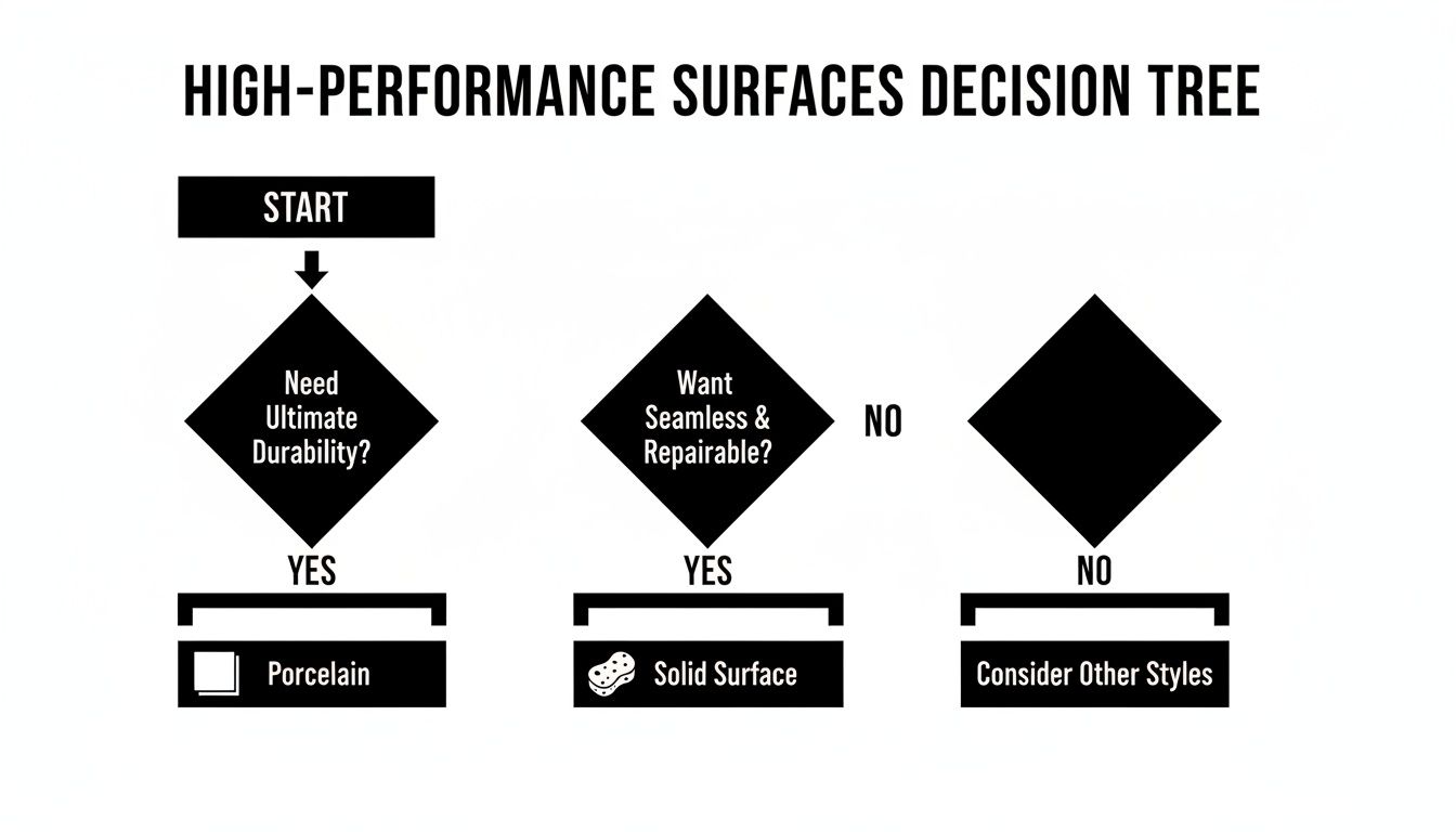 Decision tree guiding choices for high-performance surfaces based on durability, seamlessness, and repairability.