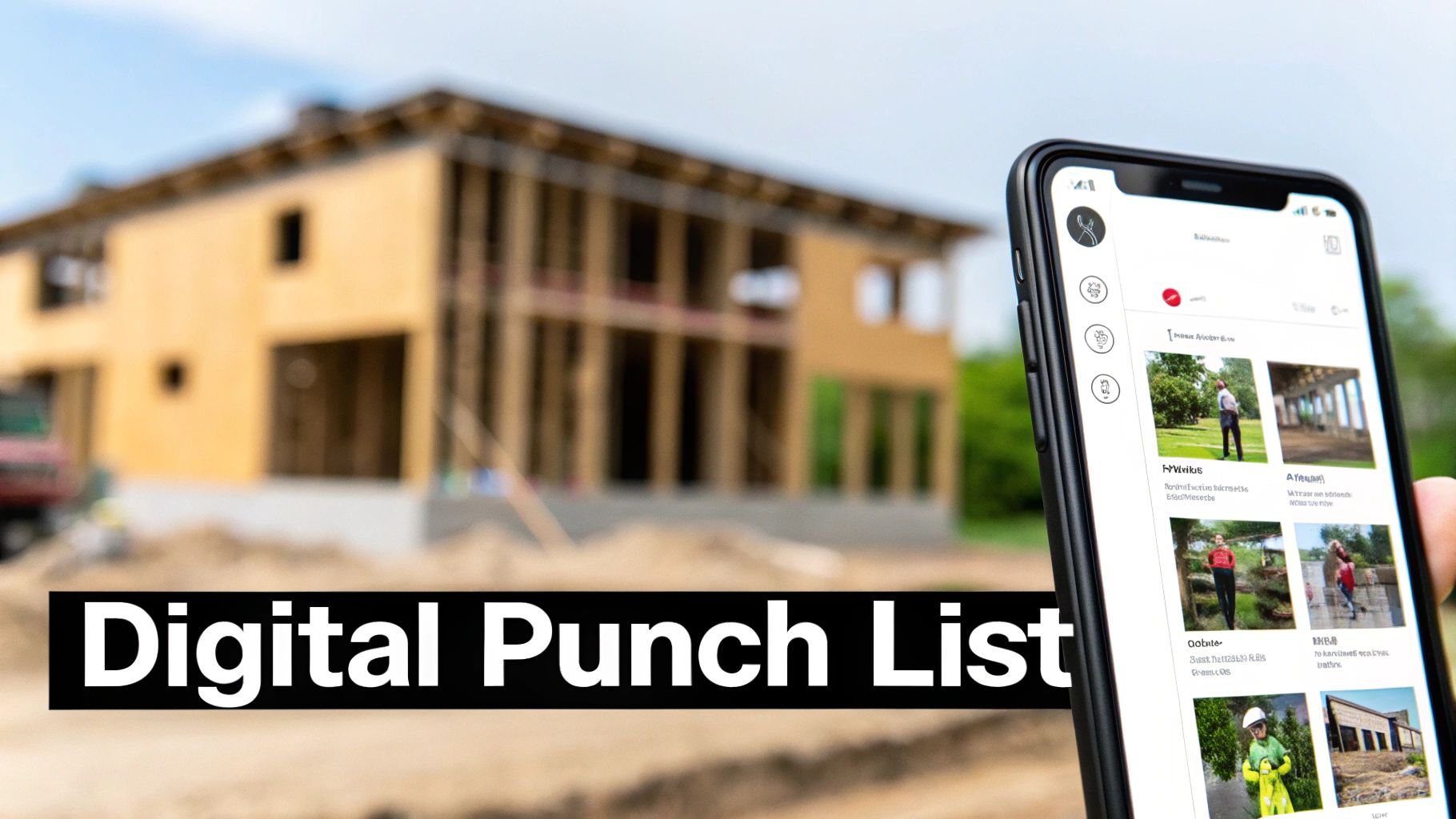 A construction worker using a tablet on-site to manage a digital punch list.