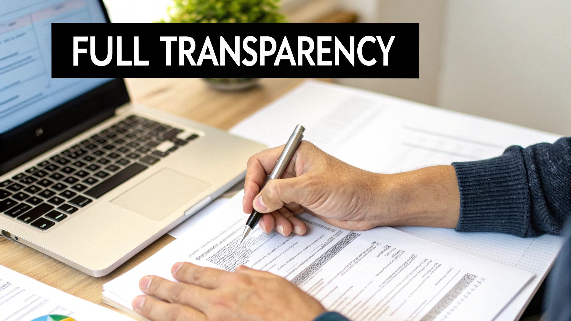 What is a Construction Contingency: A Guide to Protecting Your Investment A person's hands writing on documents next to a laptop, with a "FULL TRANSPARENCY" banner.