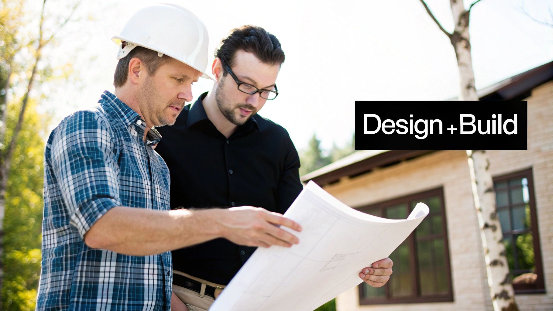 Two construction professionals in a hard hat and glasses reviewing blueprints at a building site.