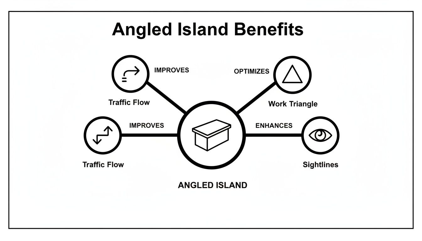 Why an Angled Kitchen Island Is a Mark of True Luxury Design Diagram illustrating benefits of an angled island, showing improved traffic flow, optimized work triangle, and enhanced sightlines.
