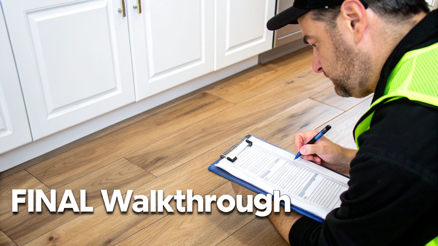 Inspector in a safety vest writing on a clipboard during a final construction walkthrough of a new kitchen.