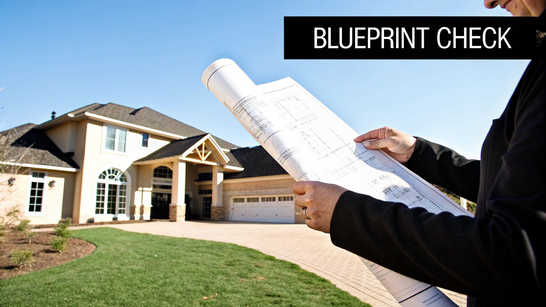 A person holds blueprints, reviewing them in front of a modern house under a clear blue sky.
